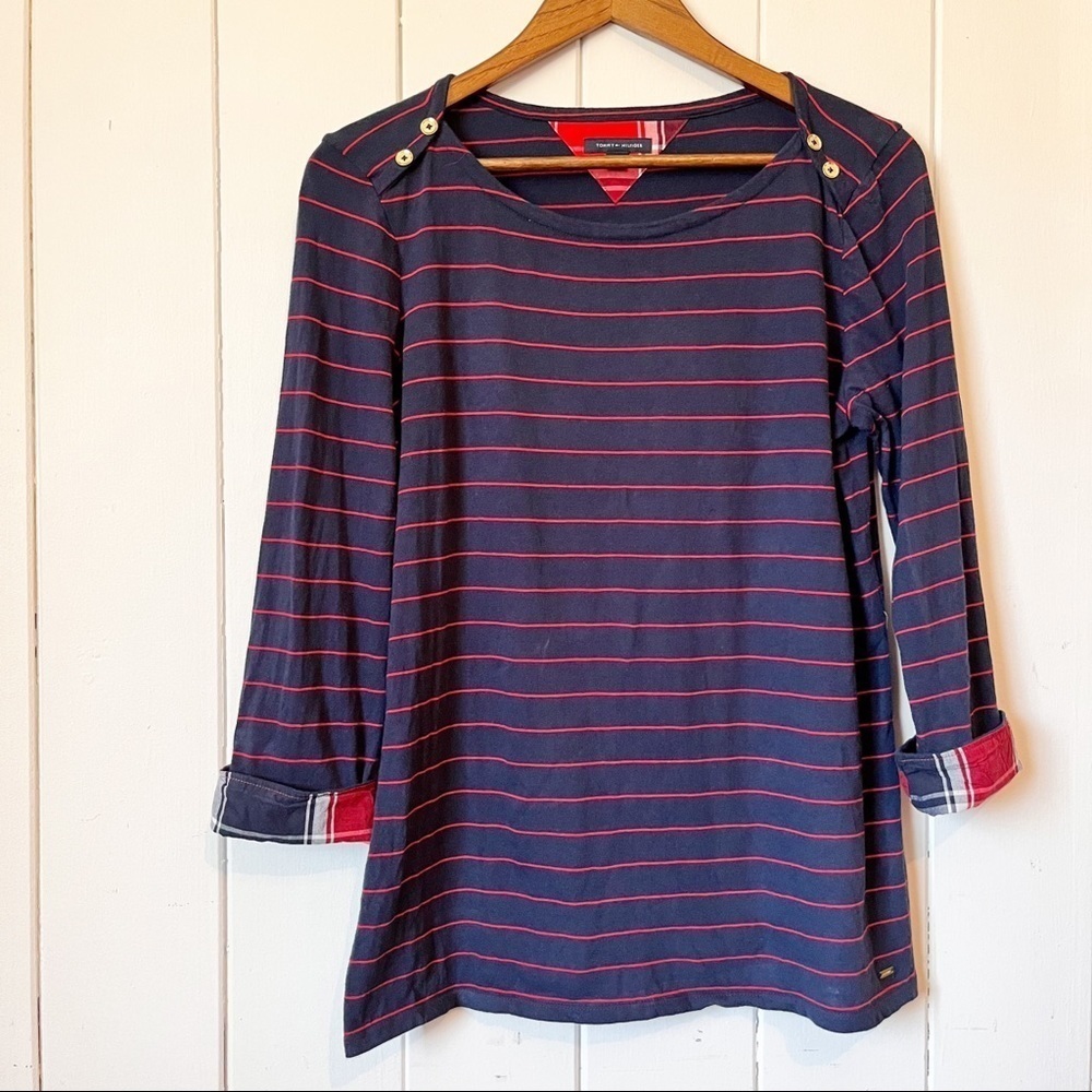 Tommy Hilfiger Blue and Red Striped Long Sleeve top. Size Large.